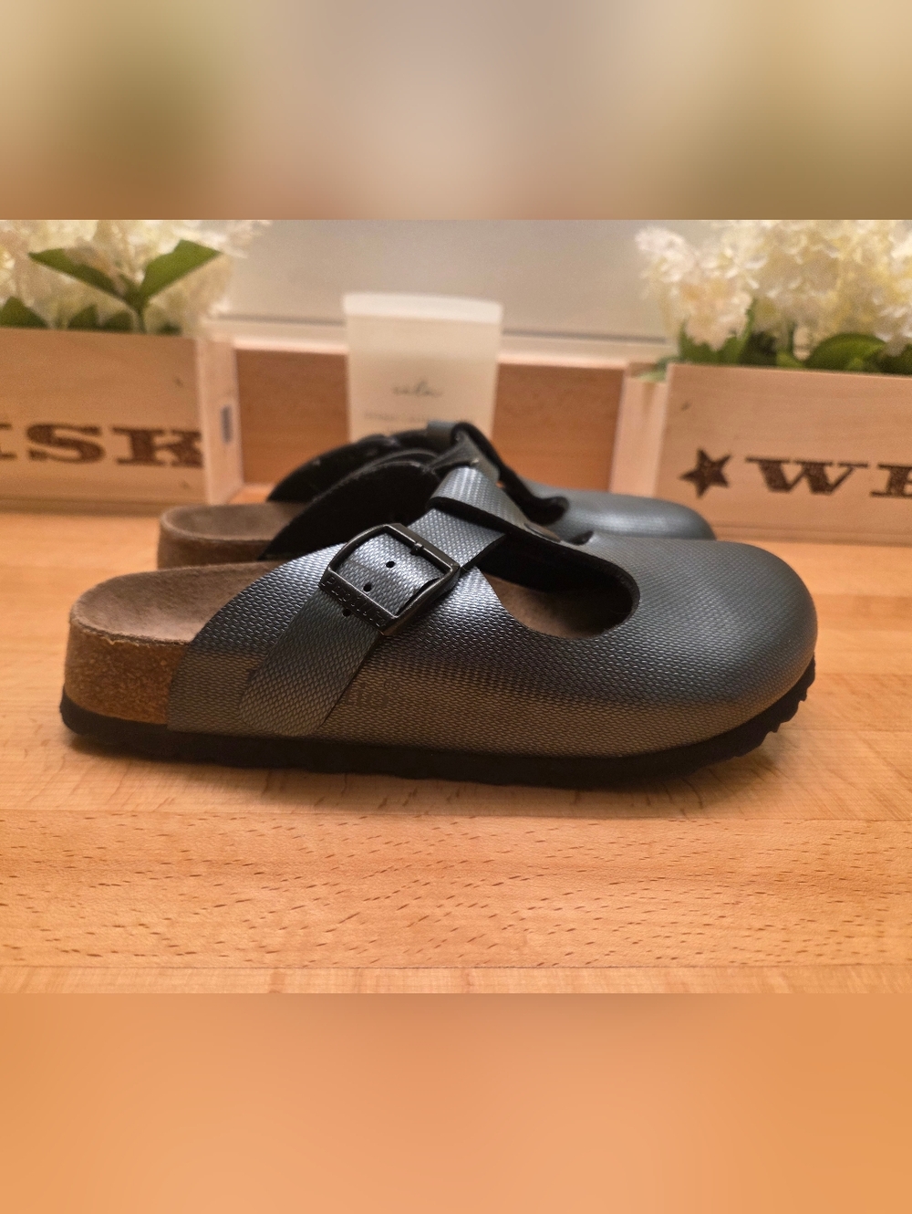 Birkenstock Papillio Bern Clogs Shoes Metallic Gunmetal Gray/Blue Womens Size 36